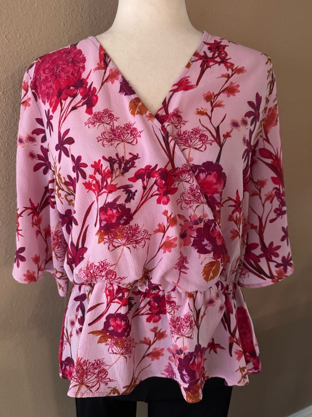 Pink Floral Wrap-Style Peplum Blouse